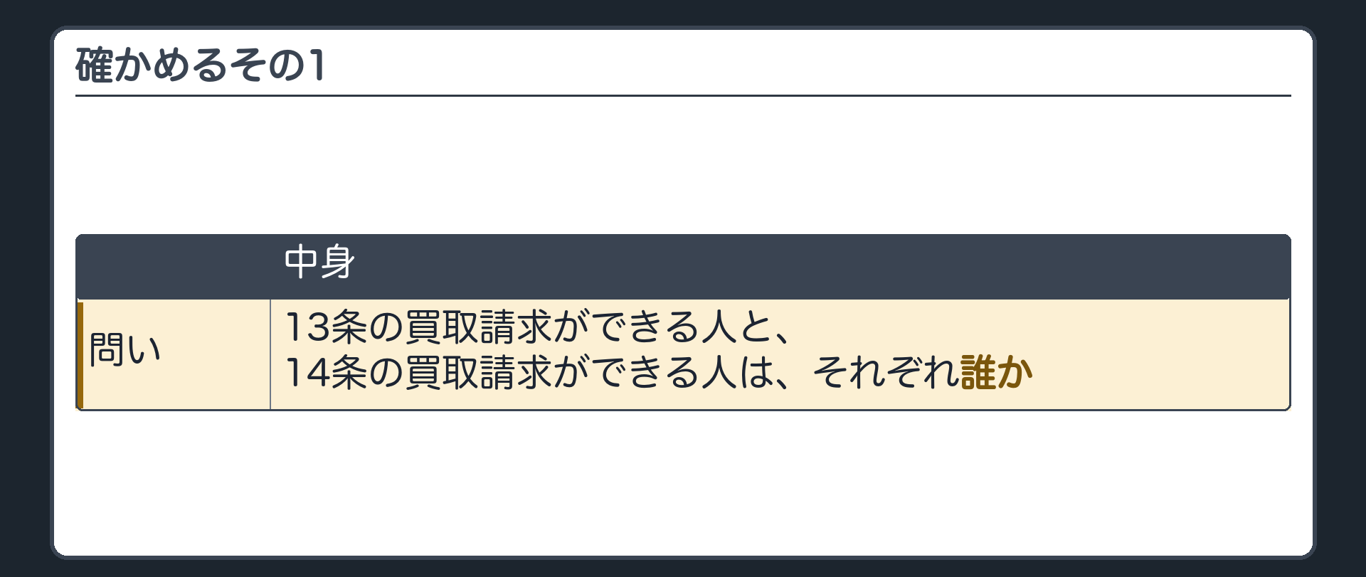 確かめるその1。13条の買取請求ができる人と、14条の買取請求ができる人は、それぞれ誰か。