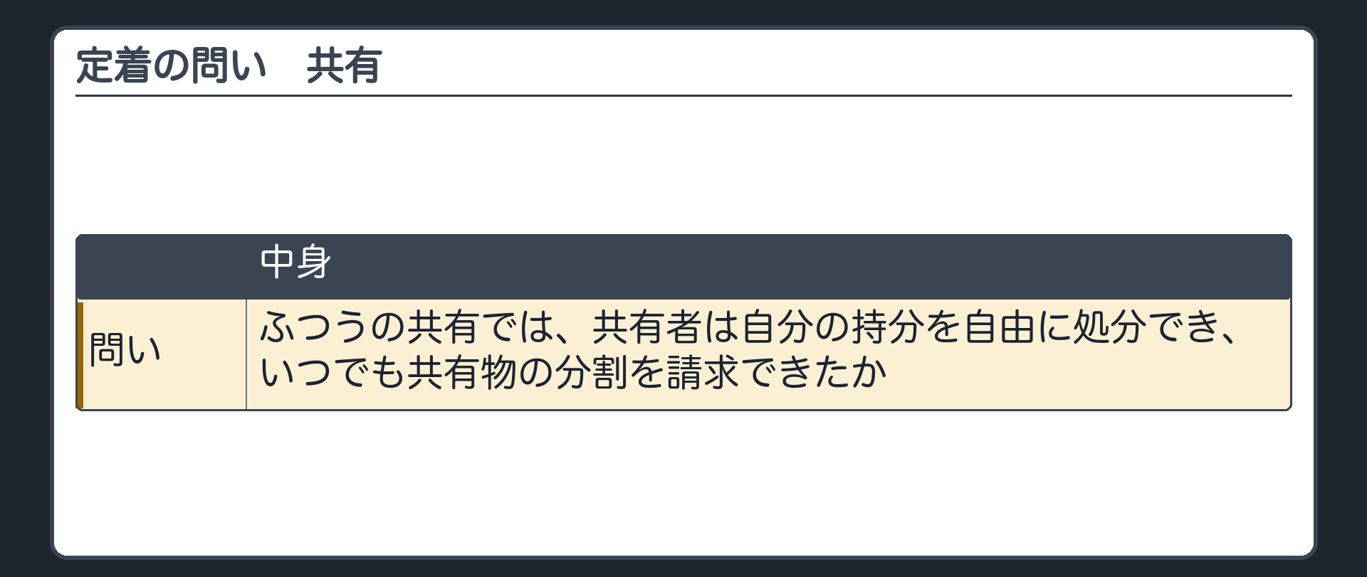 定着の問い（共有）。ふつうの共有では、共有者は自分の持分を自由に処分でき、いつでも共有物の分割を請求できたか。