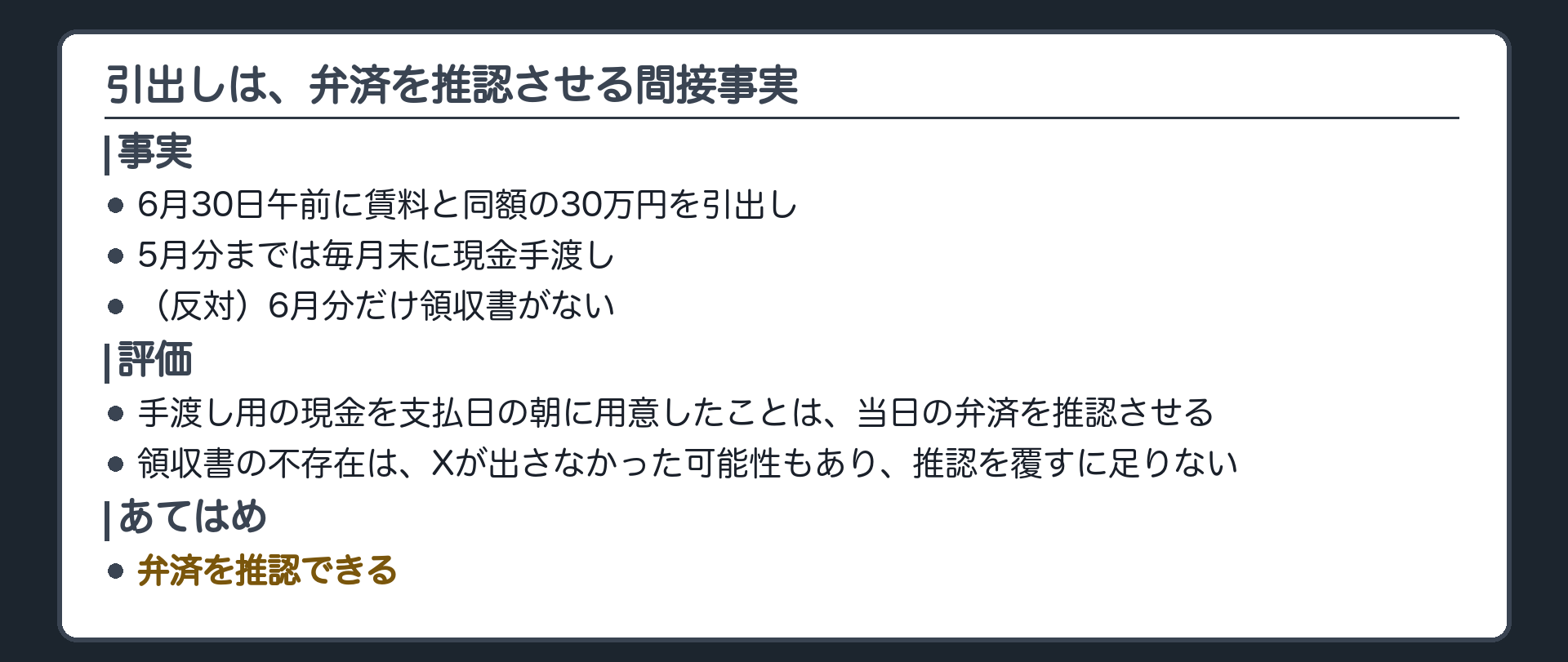 引出しは、弁済を推認させる間接事実